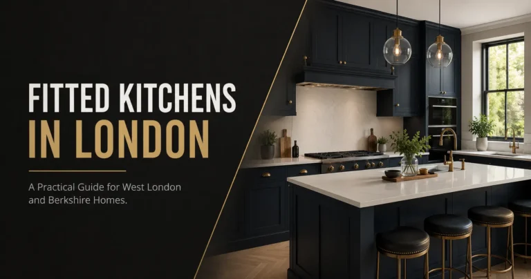 Luxury fitted kitchens in London featuring dark blue cabinets and quartz worktops for West London and Berkshire homes