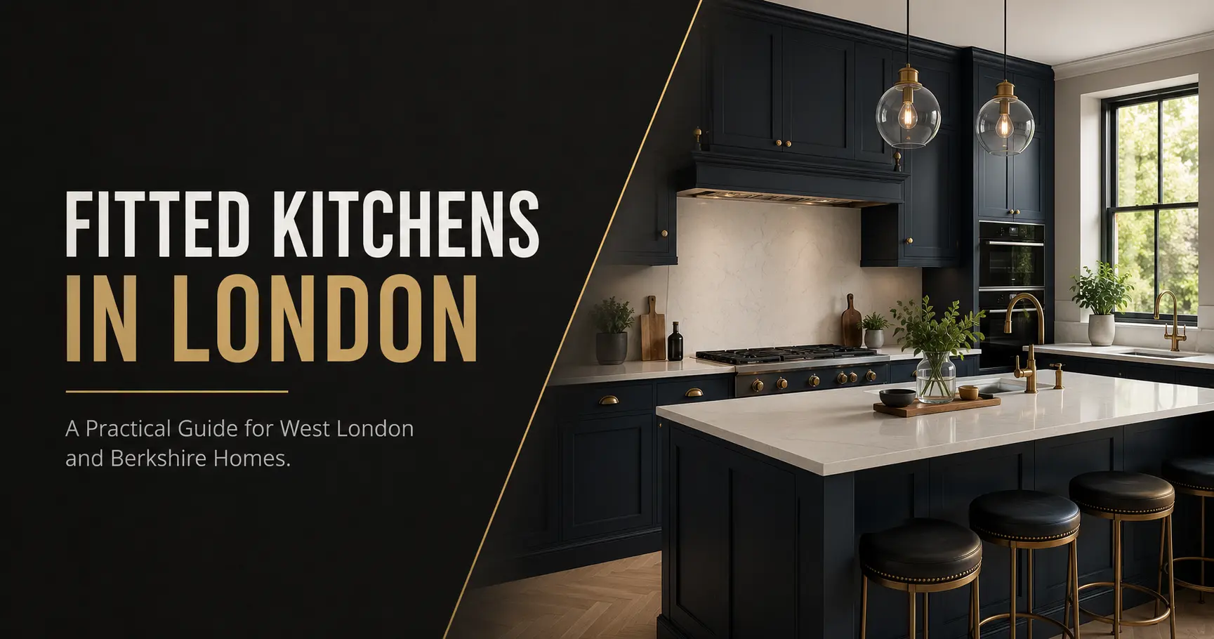 Luxury fitted kitchens in London featuring dark blue cabinets and quartz worktops for West London and Berkshire homes